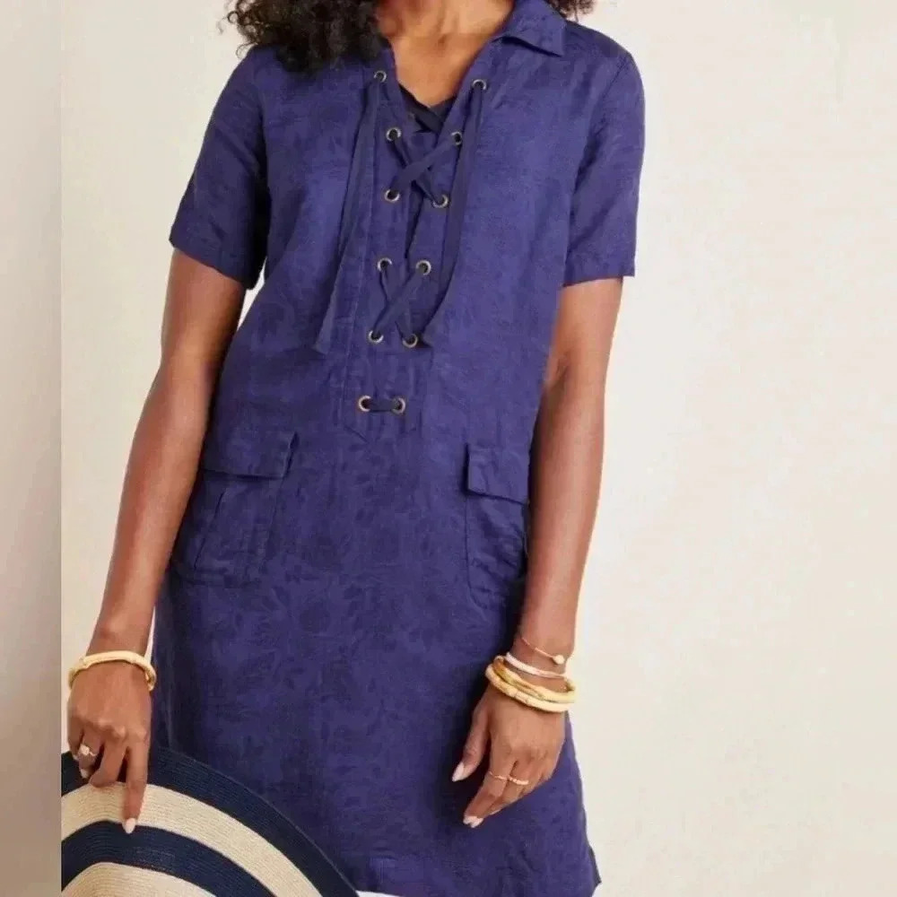 Anthropologie Navy Finley Floral Jacquard Lace-Up Linen Blend Shirt Dress 12 - Picture 4 of 16